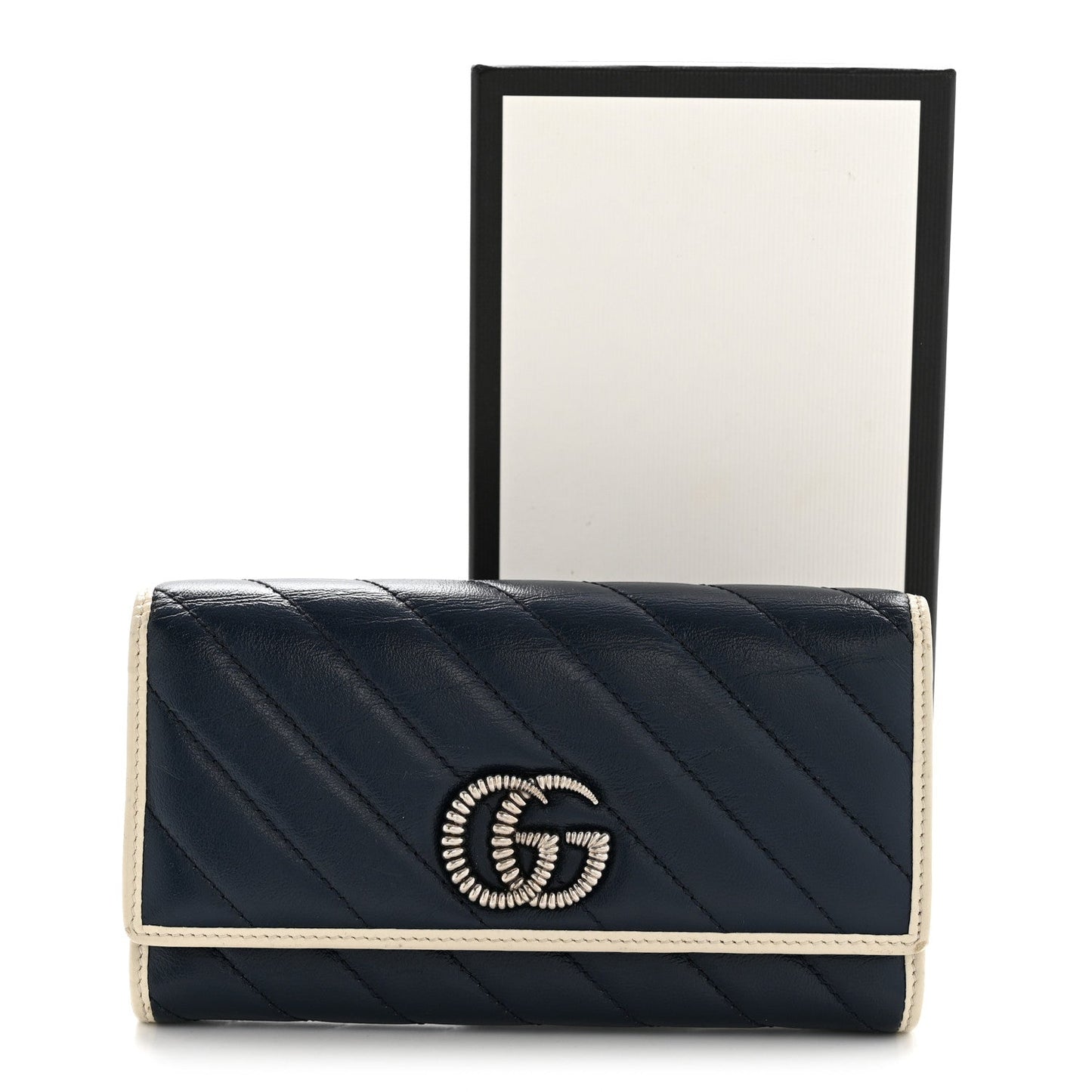 Vintage Effect Calfskin Matelasse Diagonal Torchon GG Marmont Continental Wallet Blue Agata Mystic White
