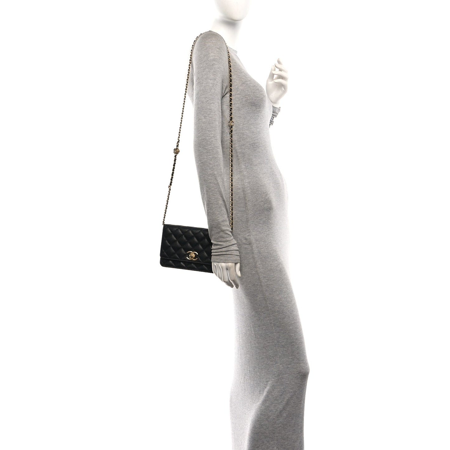Caviar Quilted Camellia Wallet On Chain WOC Black