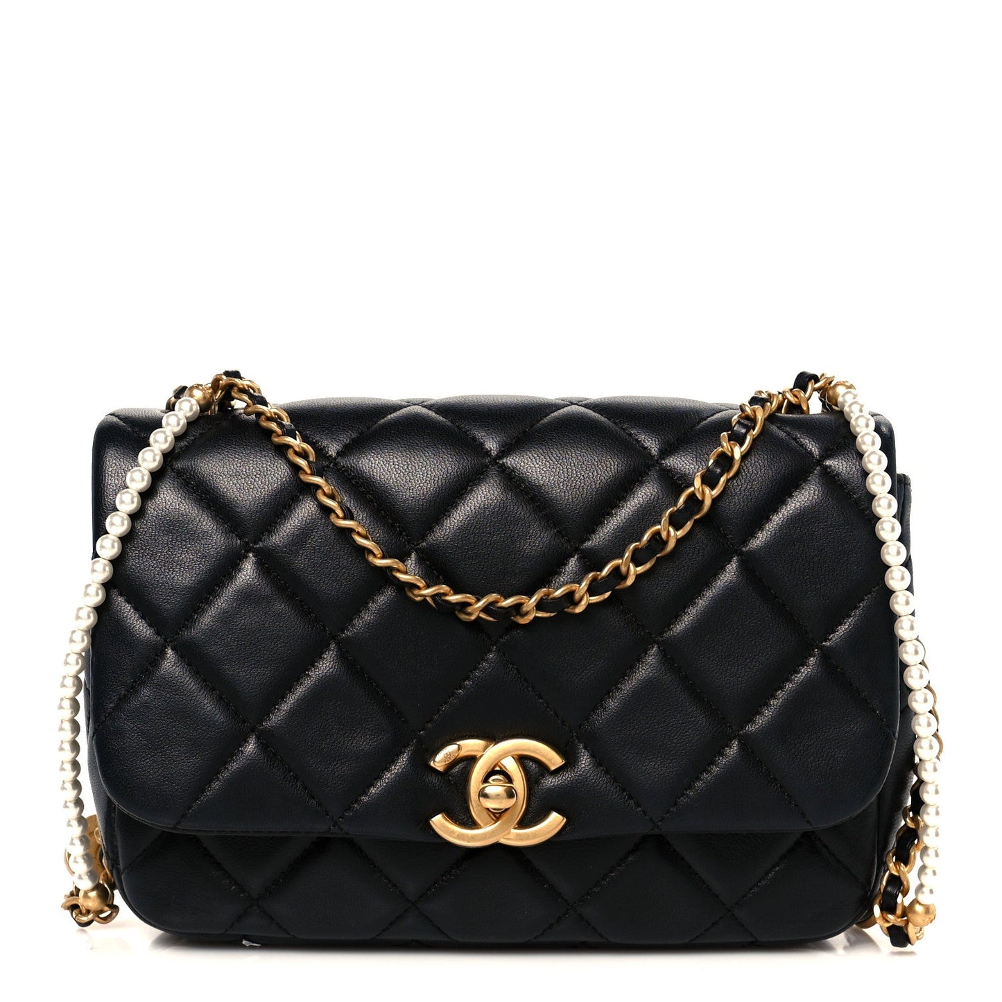Lambskin Quilted  Pearl  Flap Black