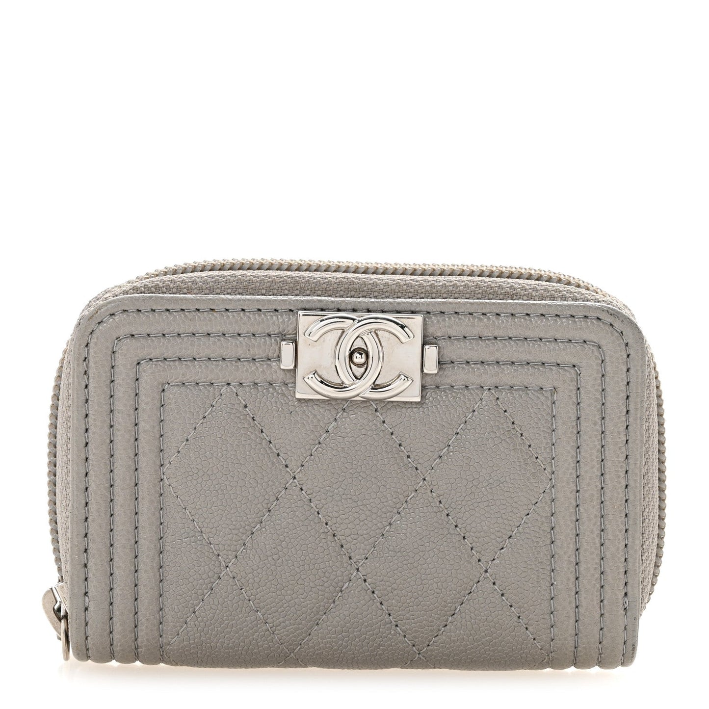 Caviar Quilted Boy Zip Around Coin Purse Wallet Grey