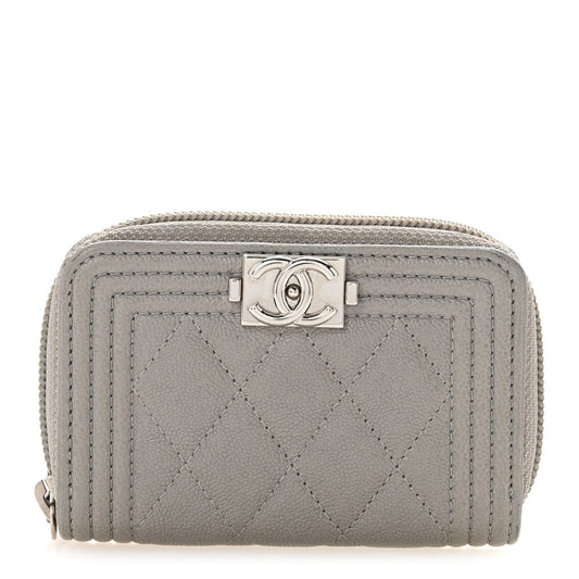 Caviar Quilted Boy Zip Around Coin Purse Wallet Grey