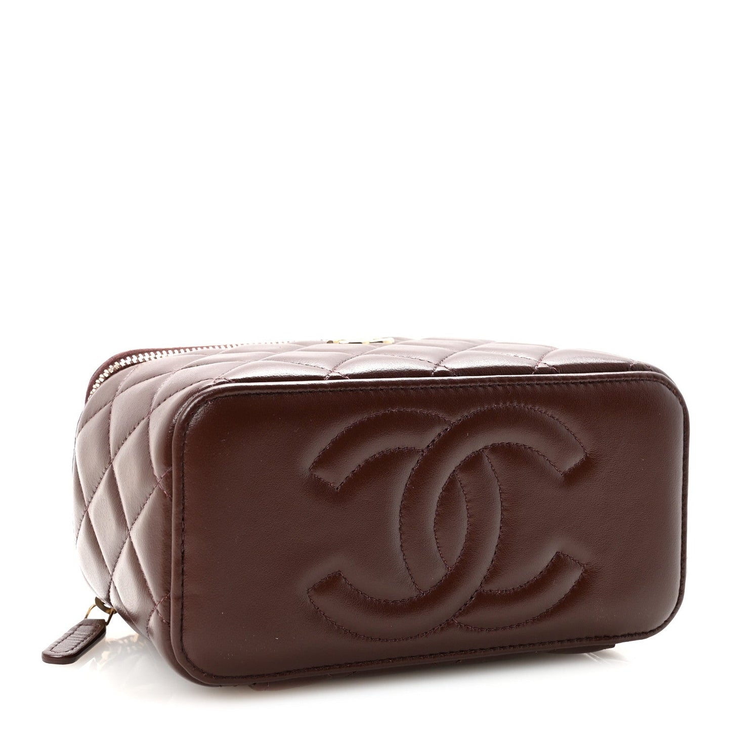 Lambskin Quilted Small Top Handle Vanity Case With Chain Dark Brown