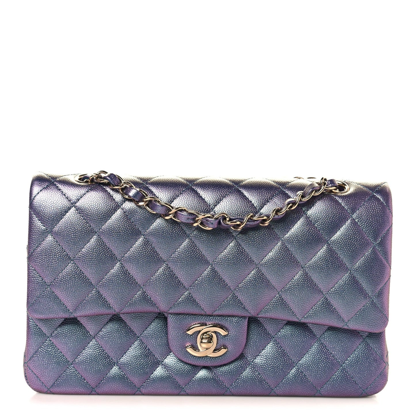 Iridescent Caviar Quilted Medium Double Flap Purple