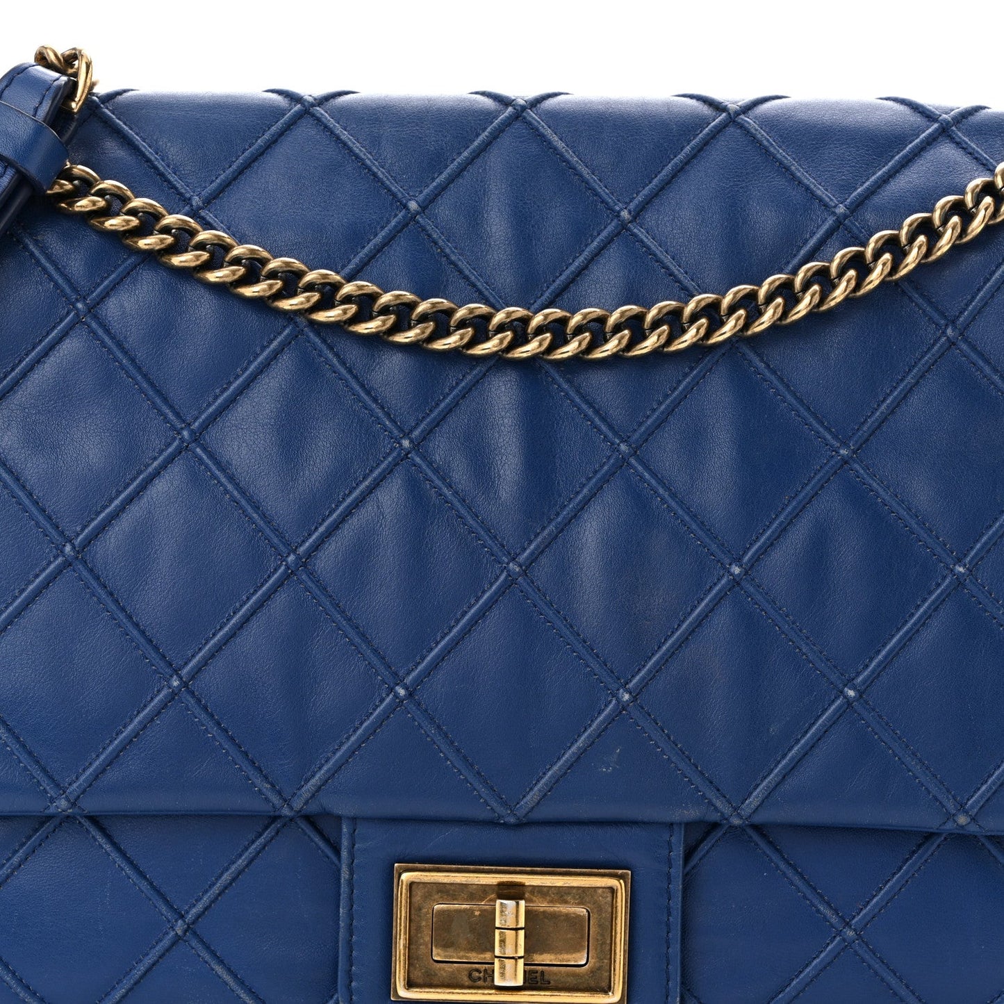 Calfskin Diamond Debossed Large Cosmos Flap Blue