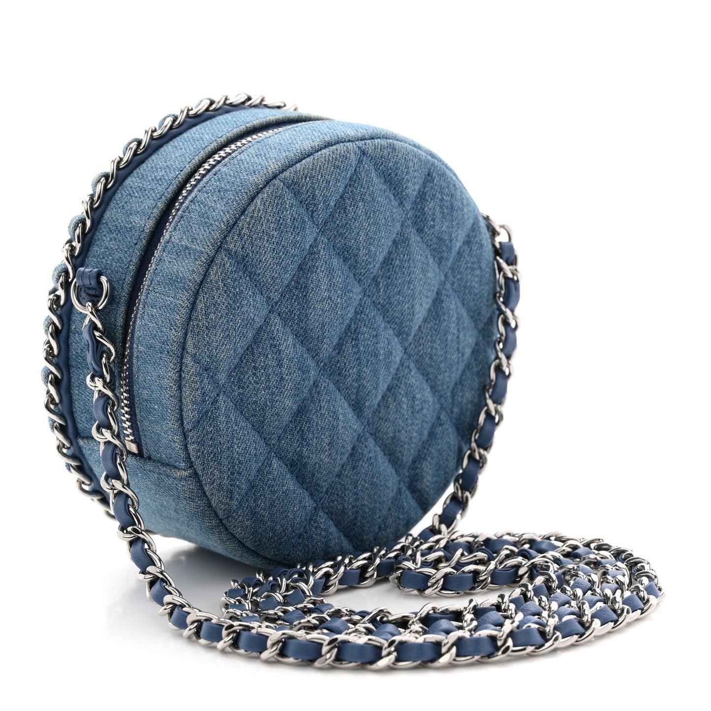 Denim Quilted Round Clutch With Chain Blue
