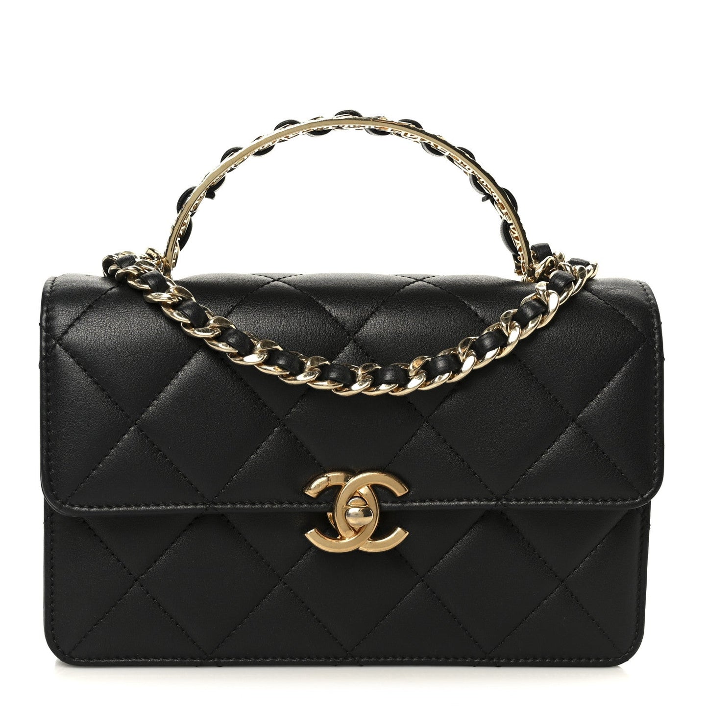 Shiny Calfskin Quilted Mini Metal Top Handle Flap Black
