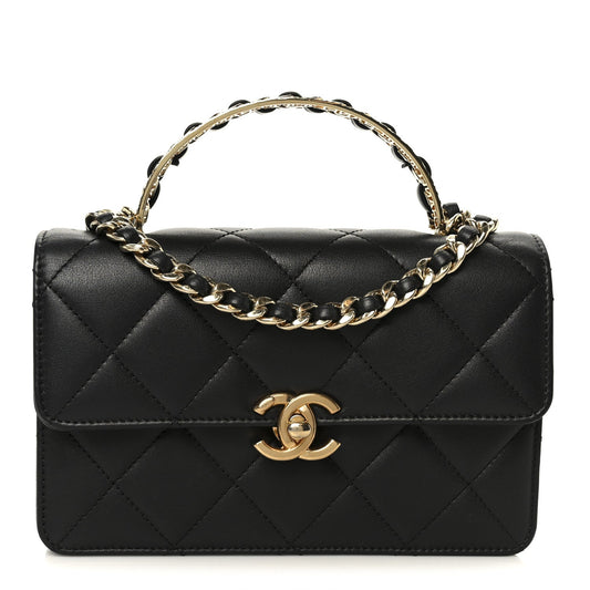 Shiny Calfskin Quilted Mini Metal Top Handle Flap Black