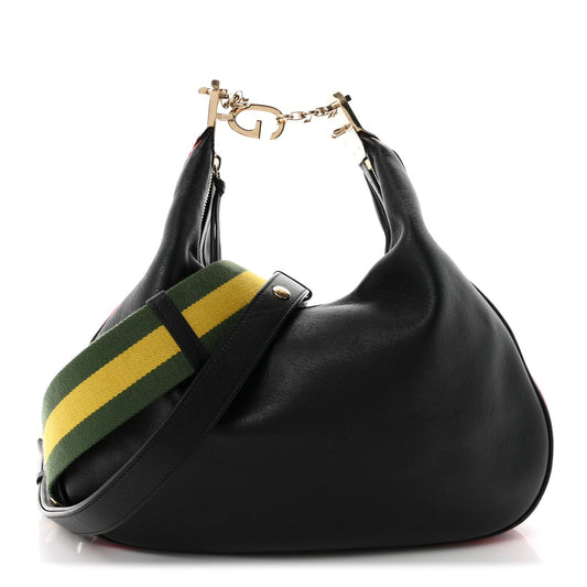 Aria Calfskin Web Large Attache Shoulder Bag Black