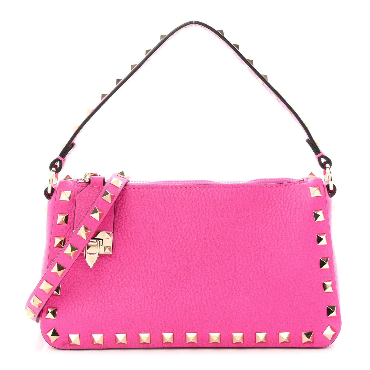 Pebbled Calfskin Small Rockstud Flip Lock Shoulder Bag Fuxia