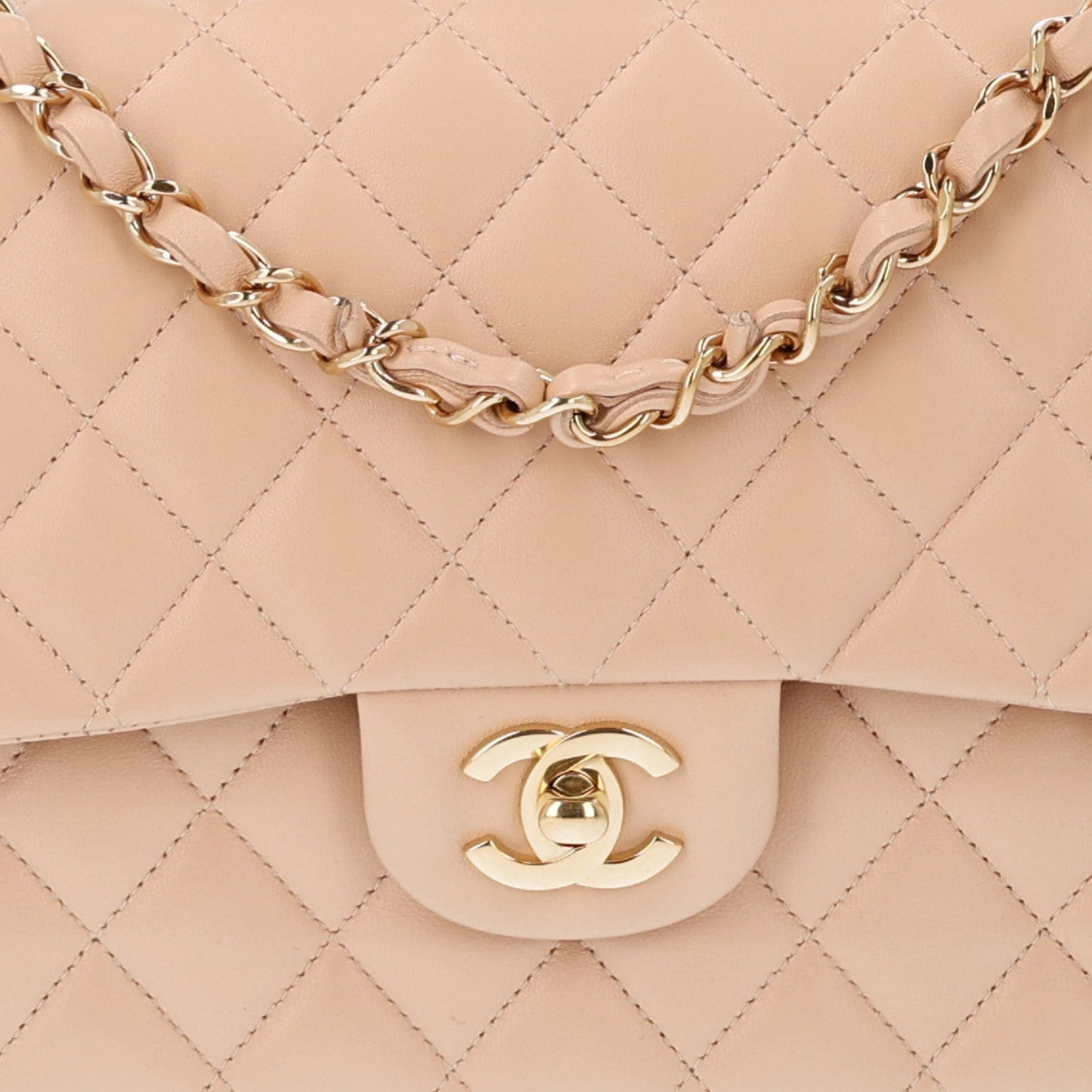 Lambskin Quilted Medium Double Flap Beige