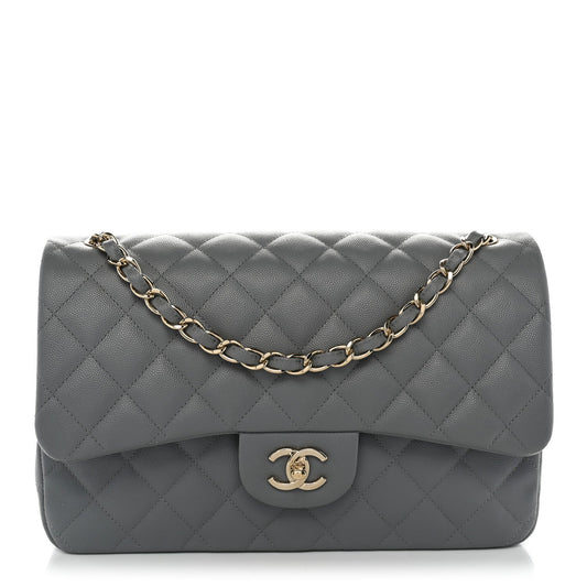 Caviar Quilted Jumbo Double Flap Grey
