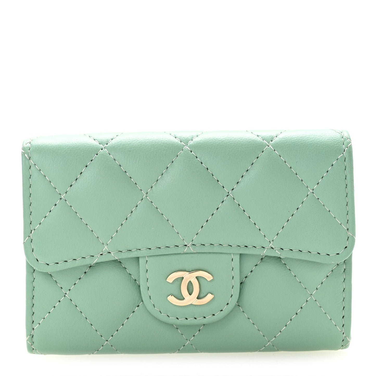 Lambskin Quilted Flap Card Holder Wallet Green