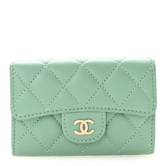 Lambskin Quilted Flap Card Holder Wallet Green