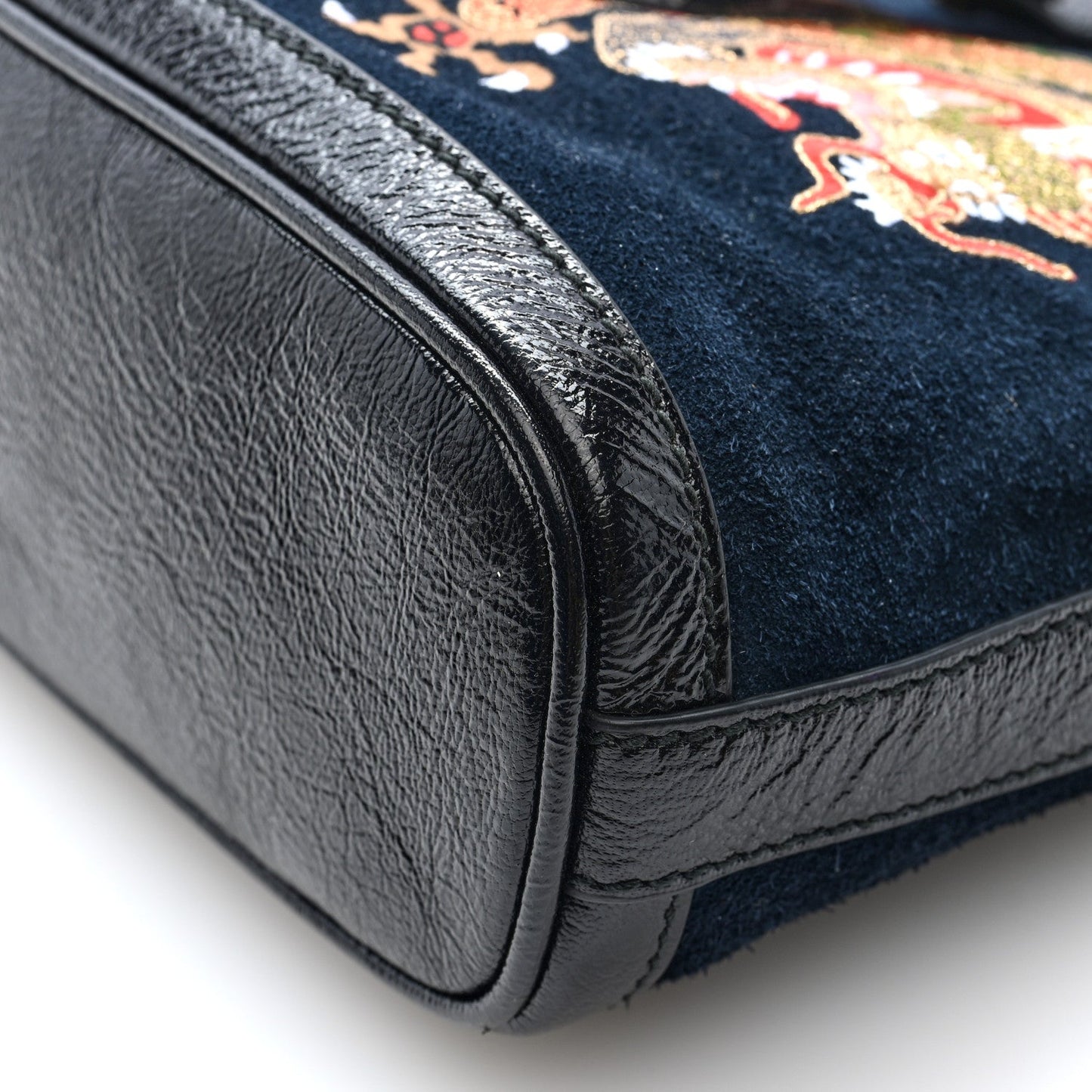 Suede Patent Dragon Embroidered Medium Dionysus Bucket Bag Dark Blue