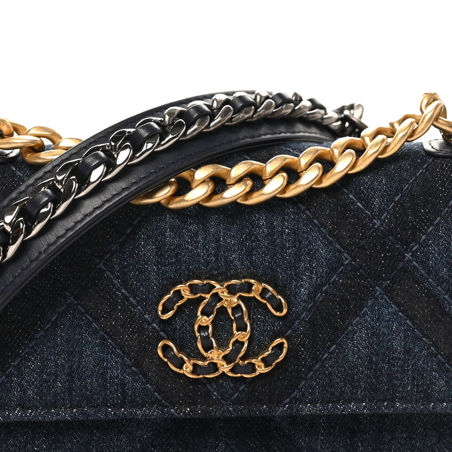 Denim Quilted Chanel 19 Flap Phone Holder With Chain Blue