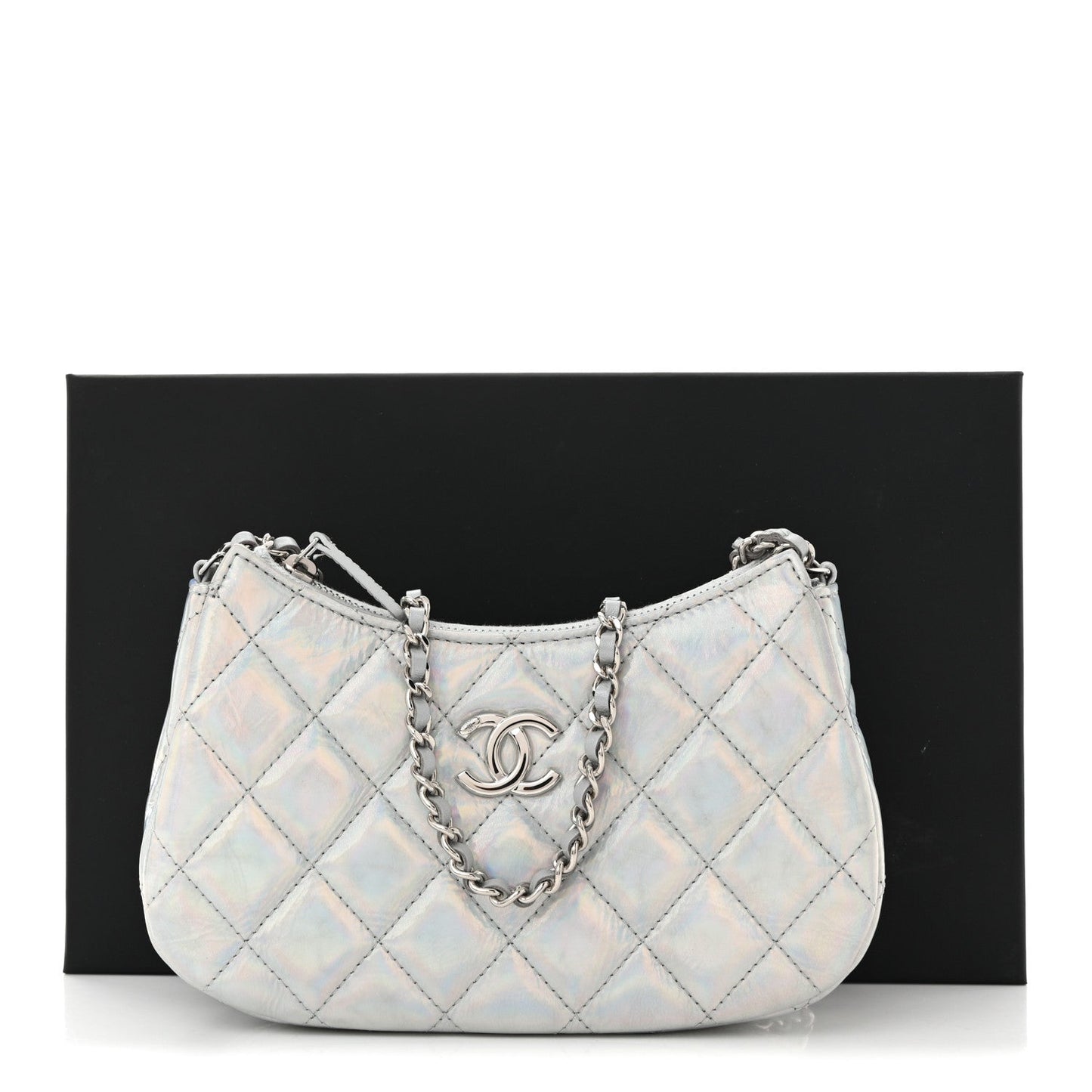 Iridescent Mirror Goatskin Quilted Clutch With Chain Silver