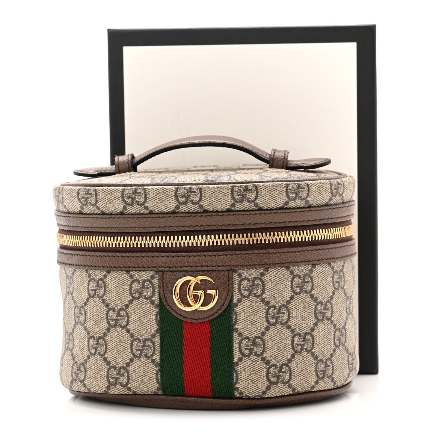 GG Supreme Monogram Textured Calfskin Web Ophidia Vanity Cosmetic Case Beige Ebony New Acero