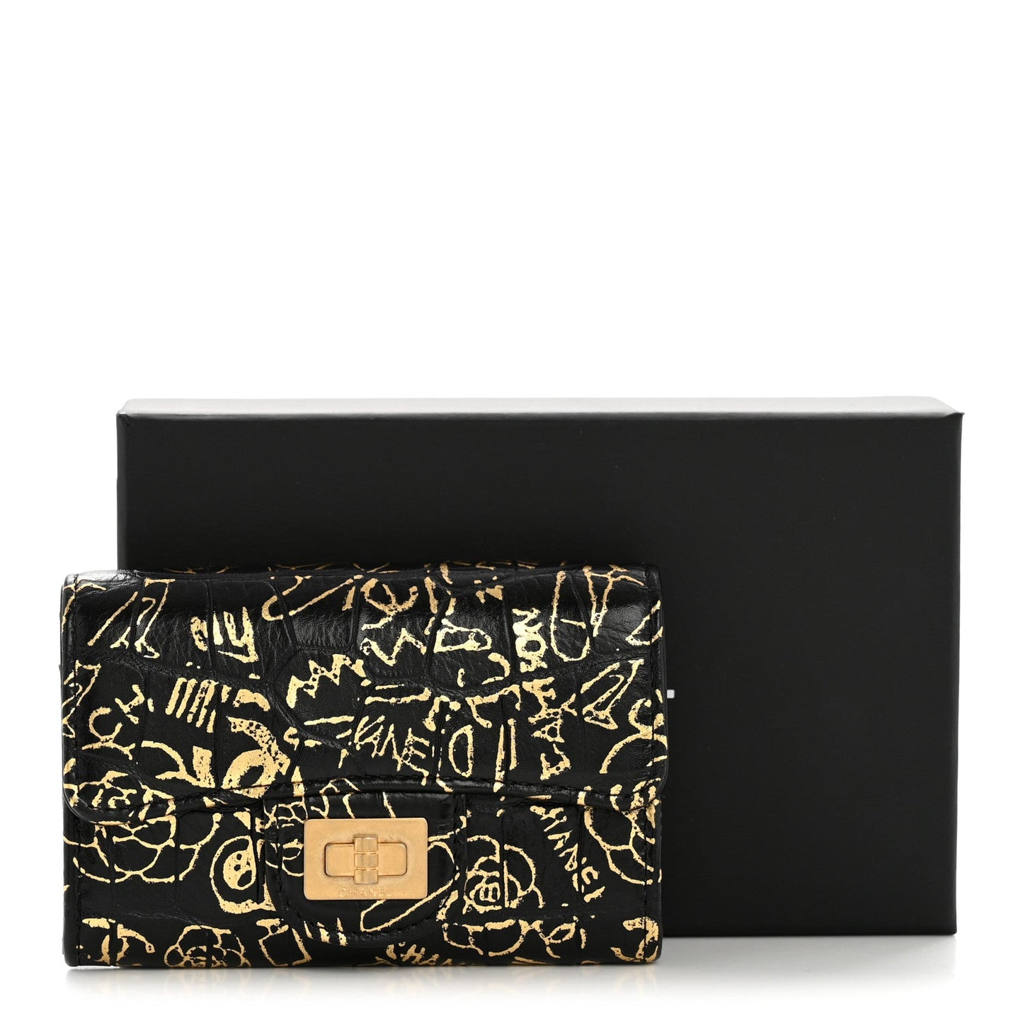 Calfskin Crocodile Embossed Graffiti 2.55 Crocodile Reissue Flap Card Holder Black Gold