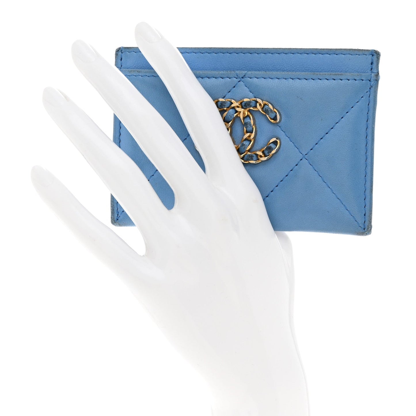 Lambskin Quilted Chanel 19 Card Holder Light Blue