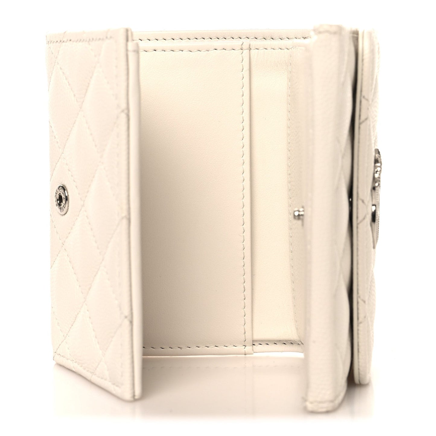 Caviar Quilted Crystal Star  Small Tri-Fold Flap Wallet White