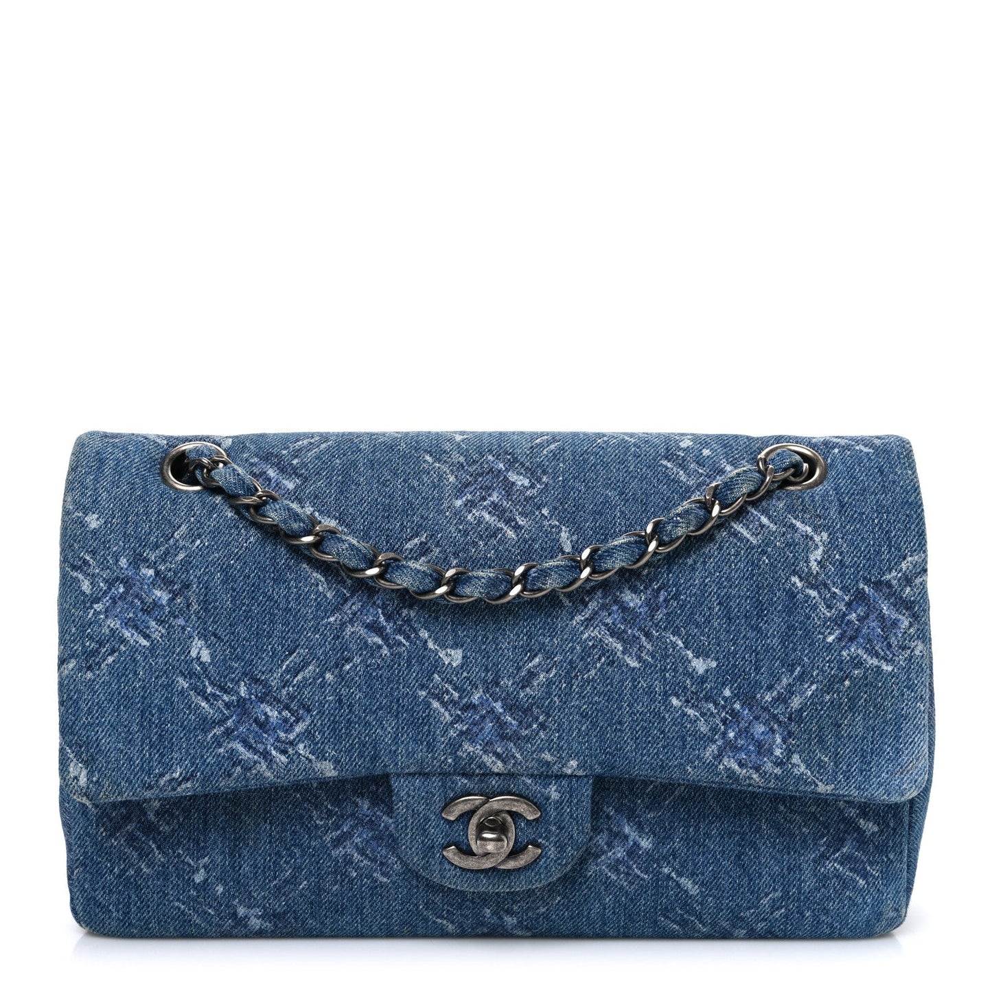 Denim Bleached Chain Medium Double Flap Blue
