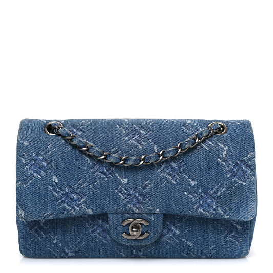 Denim Bleached Chain Medium Double Flap Blue