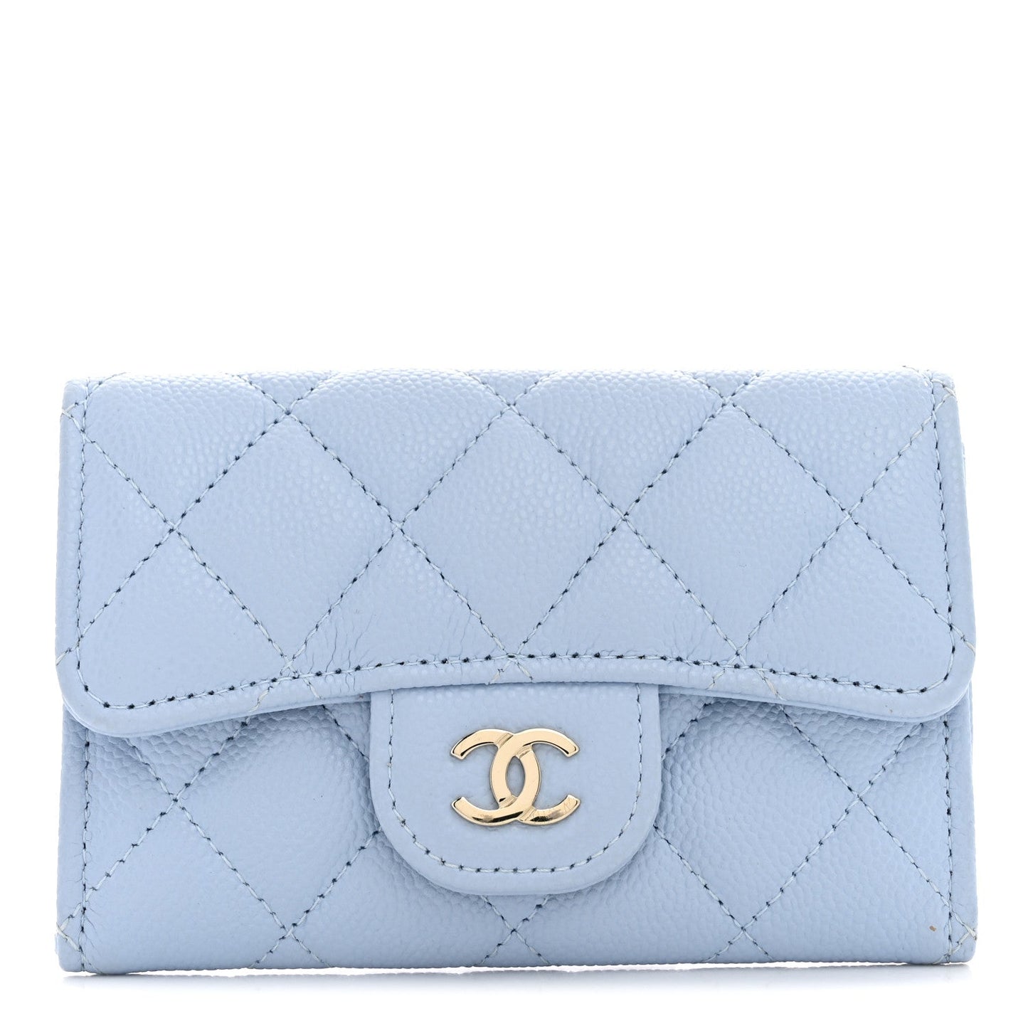 Caviar Quilted Flap Card Holder Wallet Light Blue