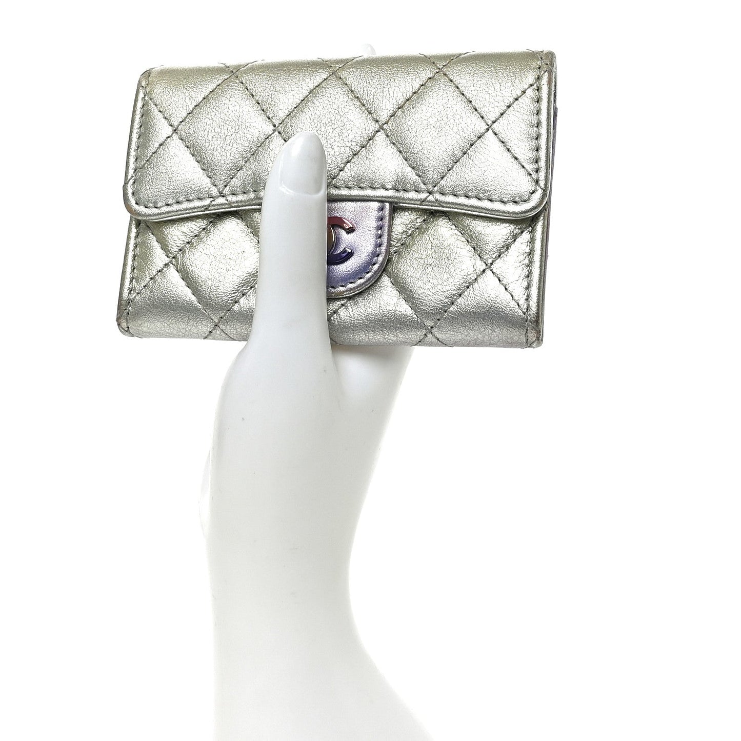 Gradient Metallic Calfskin Quilted Flap Card Holder Wallet Silver Blue Yellow Purple