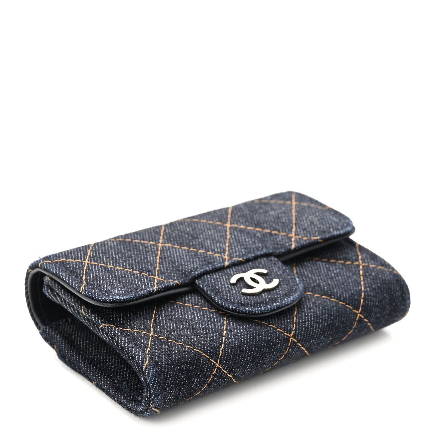 Denim Quilted Flap Card Holder Wallet Dark Blue Orange