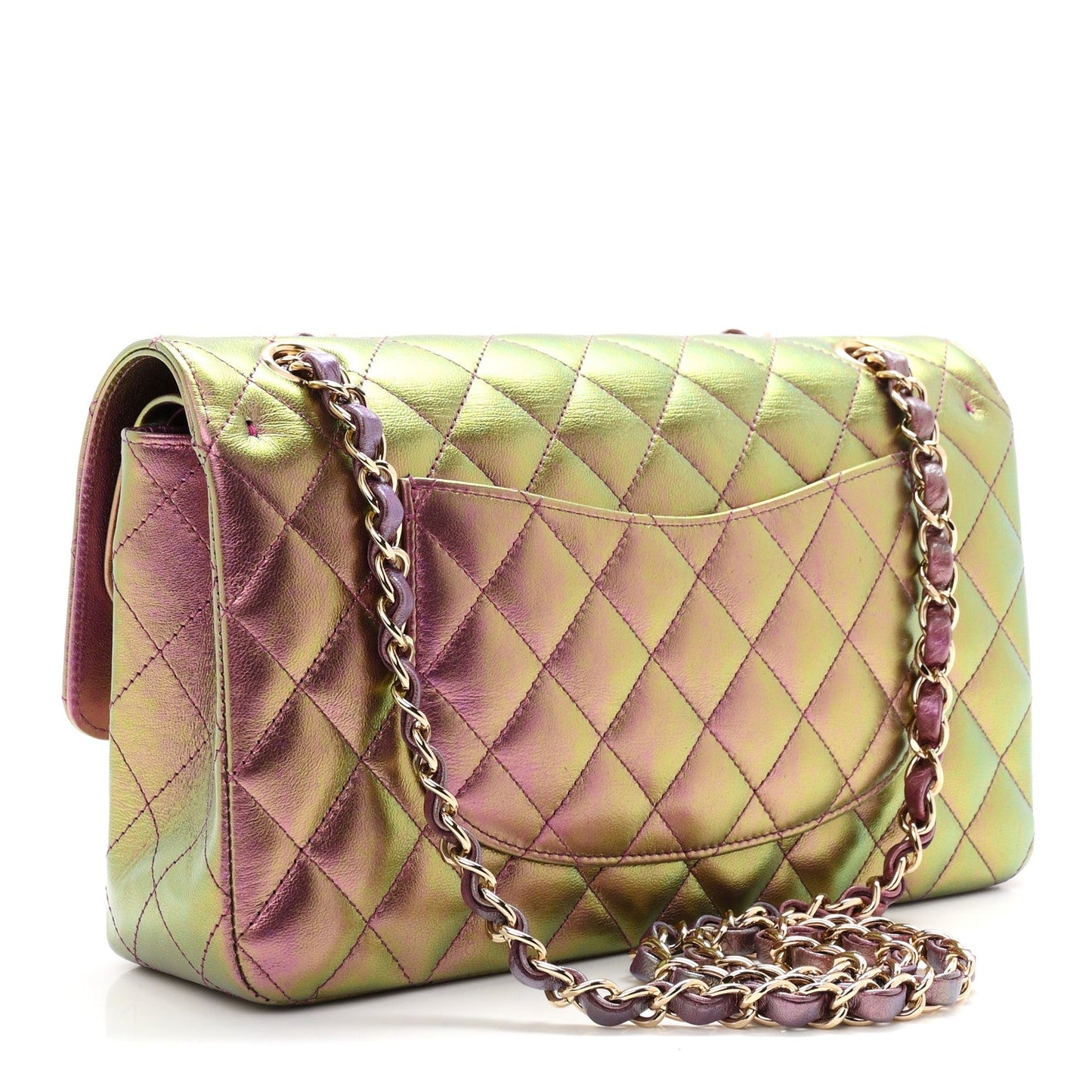 Iridescent Lambskin Quilted Medium Double Flap Purple