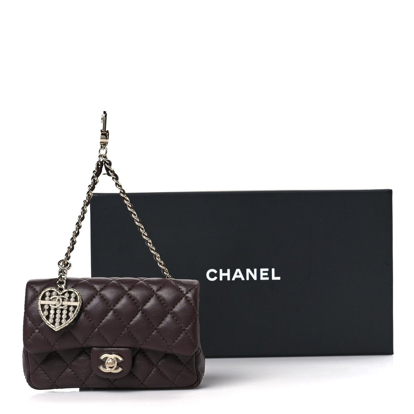 Lambskin Quilted Mini Flap Bag Charm With Hook Dark Brown