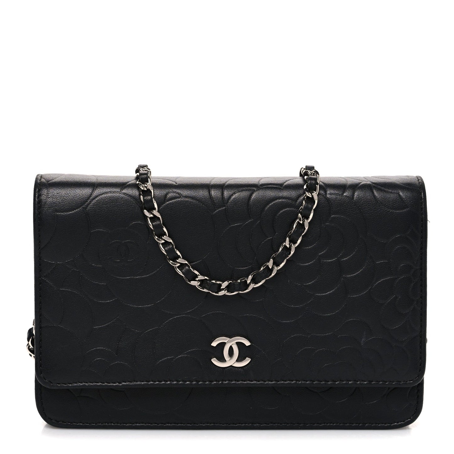 Lambskin Camellia Embossed Wallet on Chain WOC Black