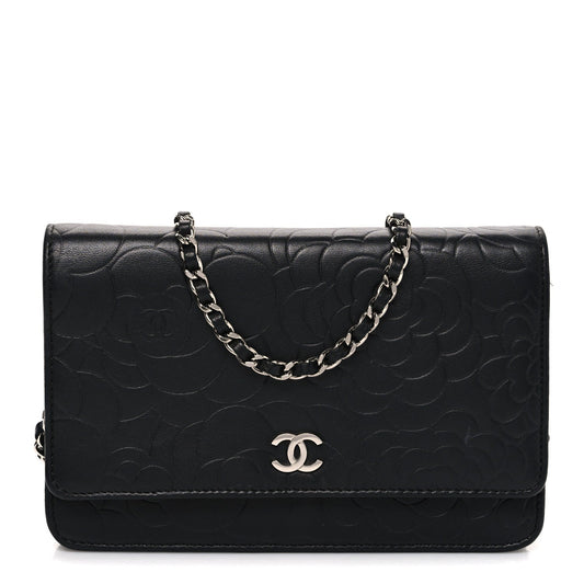 Lambskin Camellia Embossed Wallet on Chain WOC Black