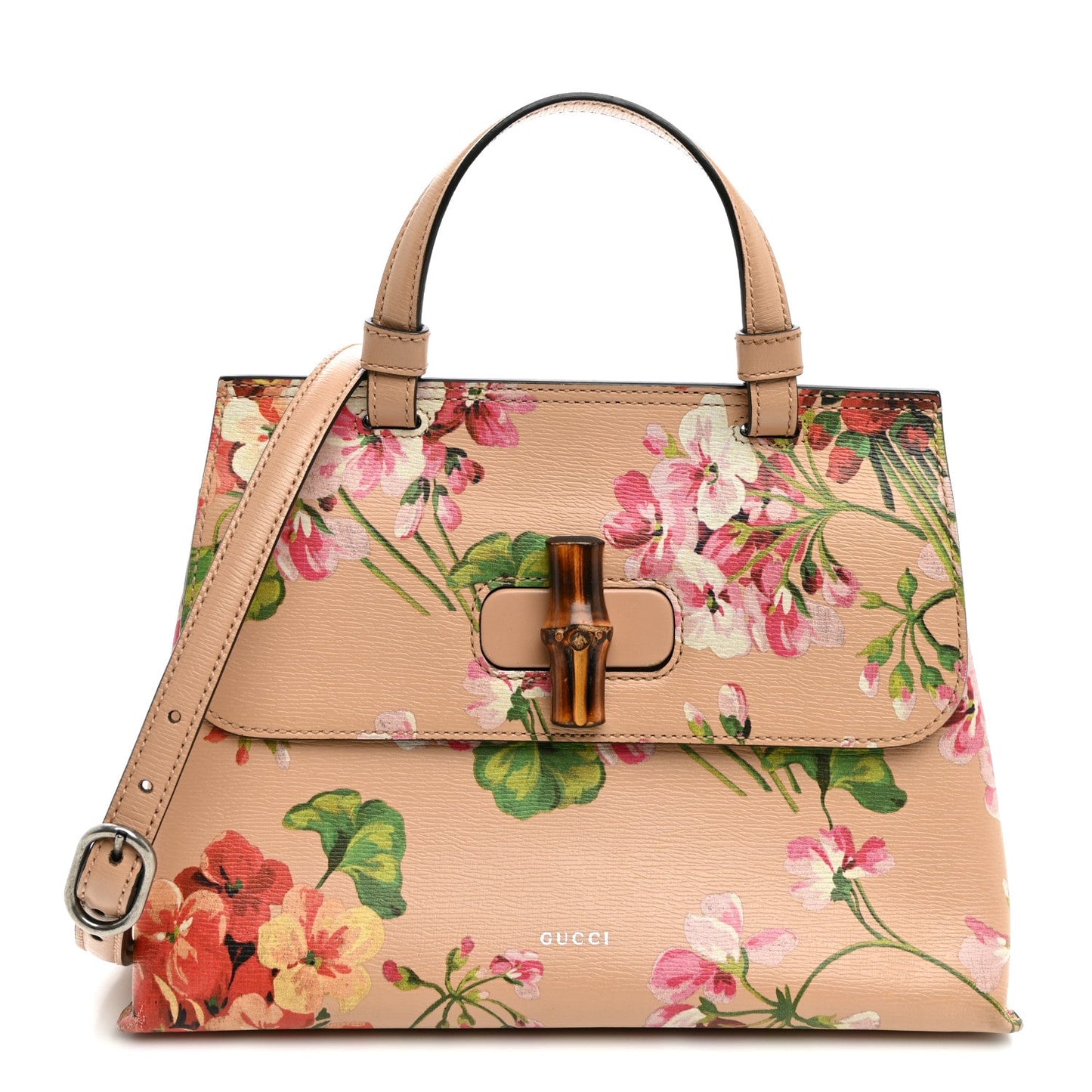 Shangai Calfskin Blooms Print Small Bamboo Daily Top Handle Bag Pink Apricot Multicolor