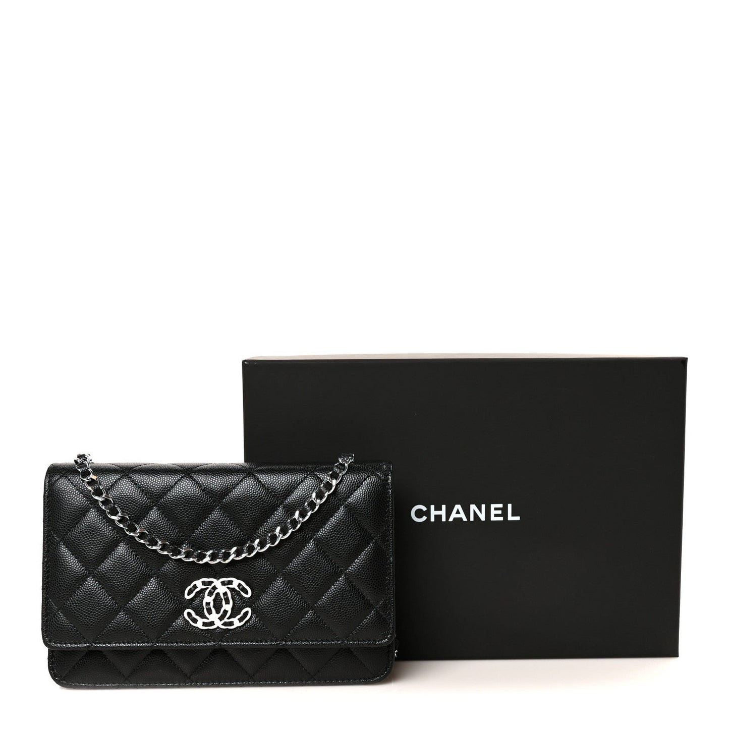 Caviar Quilted Chanel 19 Wallet On Chain WOC Black White