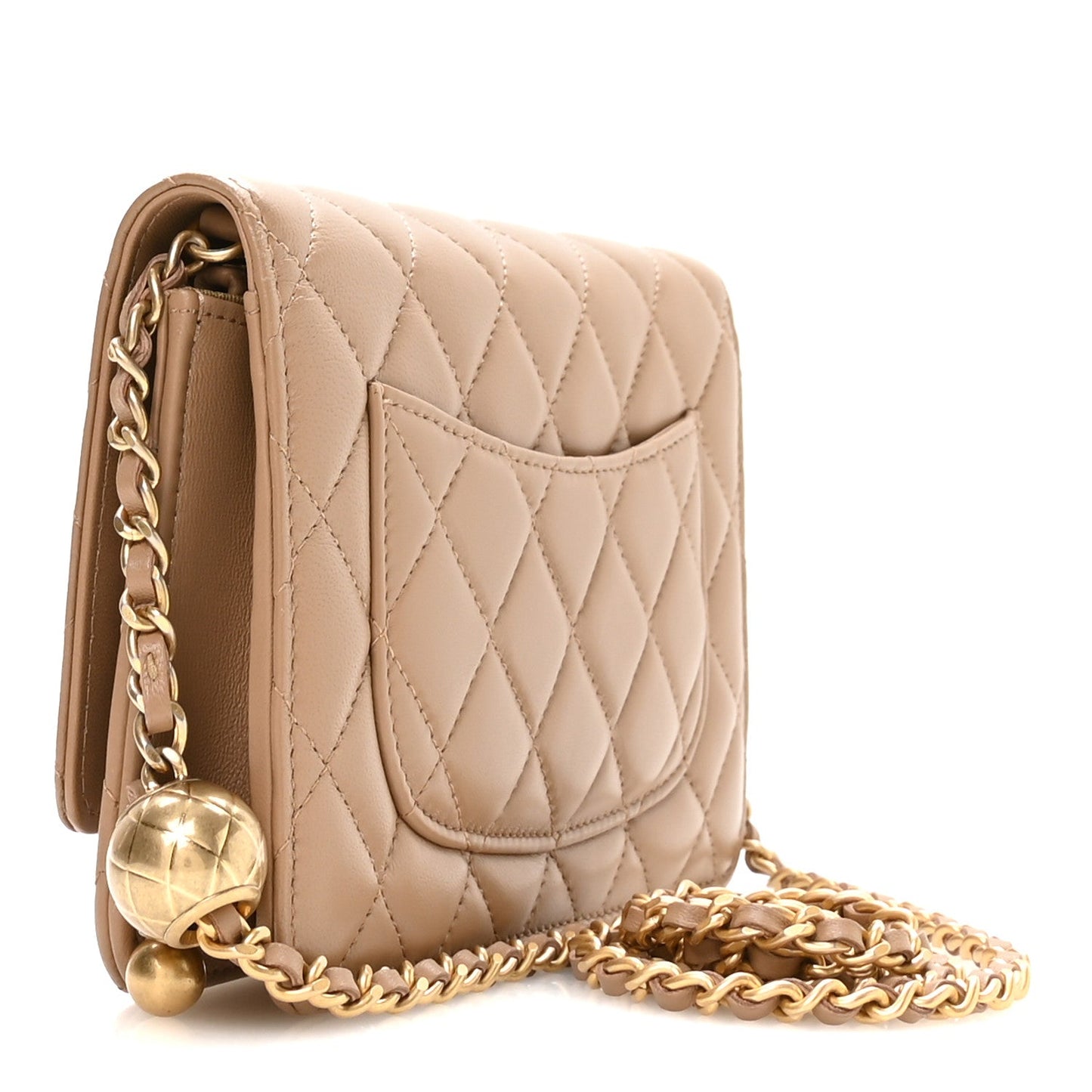 Lambskin Quilted CC Pearl Crush Wallet on Chain WOC Beige