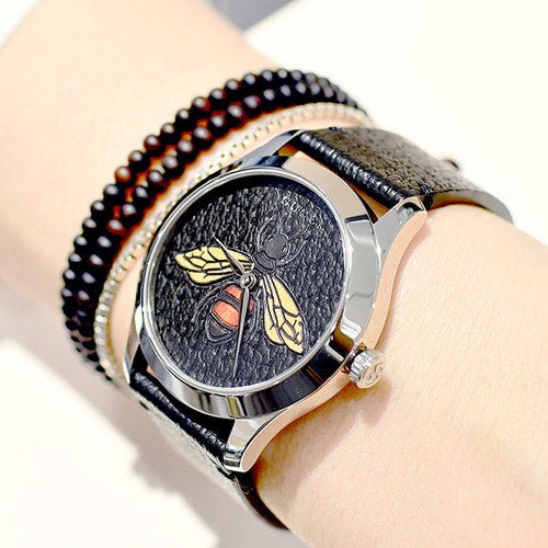 Gucci G Timeless Bee Black Dial Black Leather Strap Watch For Women - YA1264067