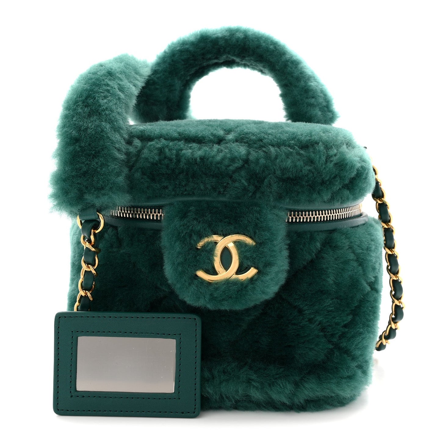 Shearling Lambskin Quilted Small Vanity Case Green