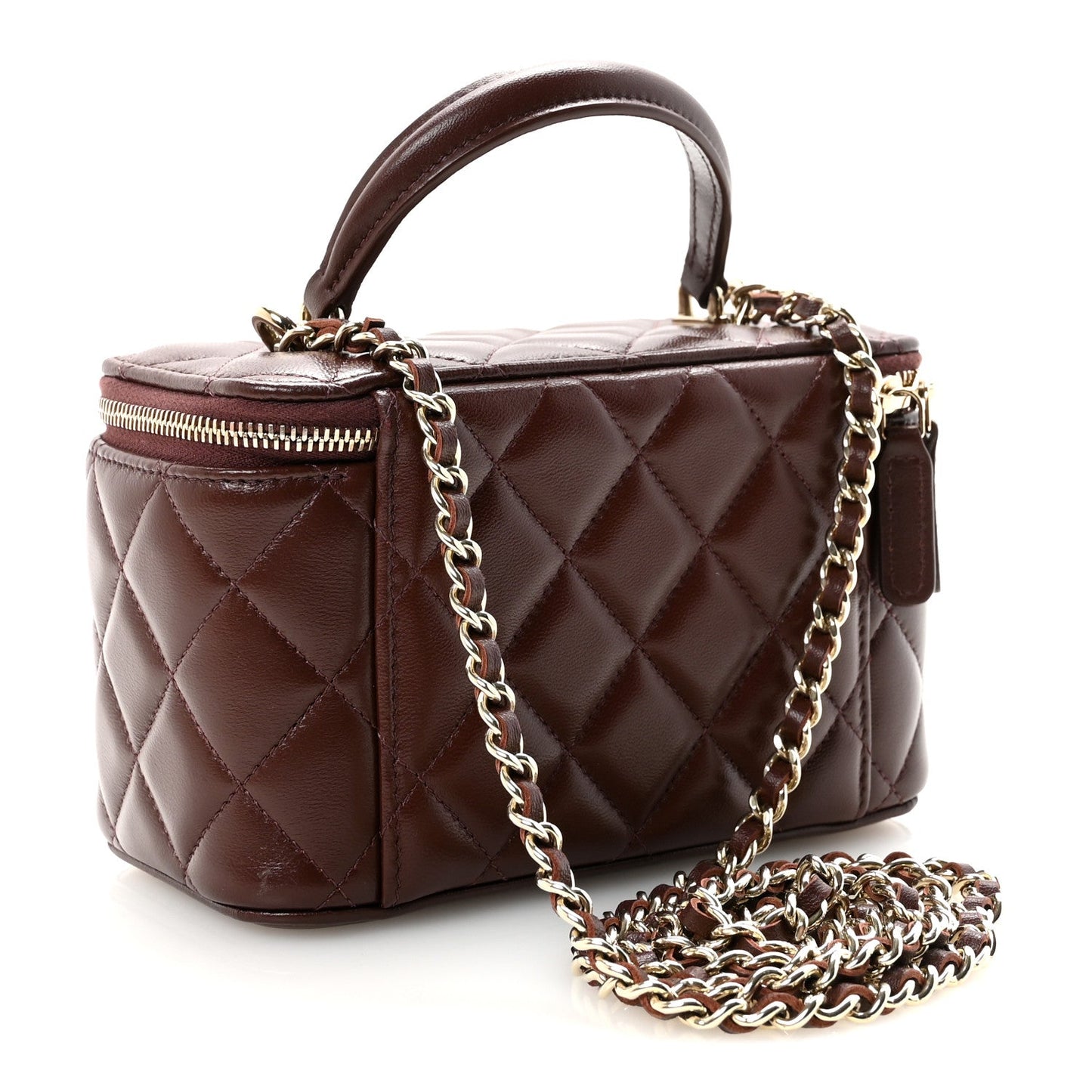 Lambskin Quilted Small Top Handle Vanity Case With Chain Dark Brown