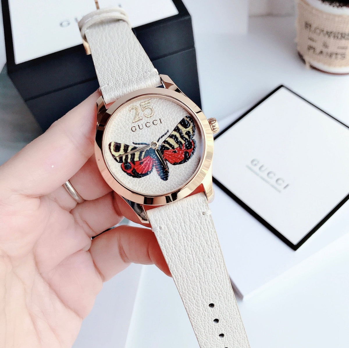 Gucci G Timeless Butterfly White Dial White Leather Strap Watch For Women - YA1264062