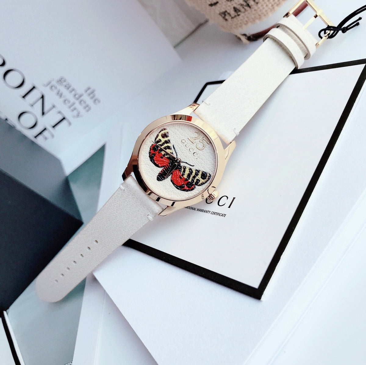 Gucci G Timeless Butterfly White Dial White Leather Strap Watch For Women - YA1264062