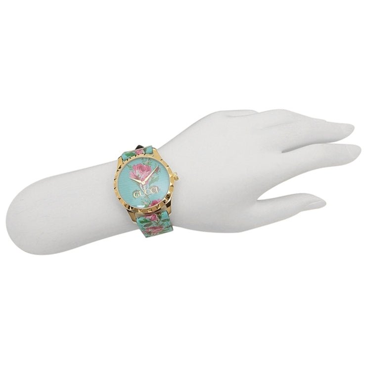 Gucci G Timeless Floral Turquoise Dial Turquoise Leather Strap Watch For Women - YA1264085