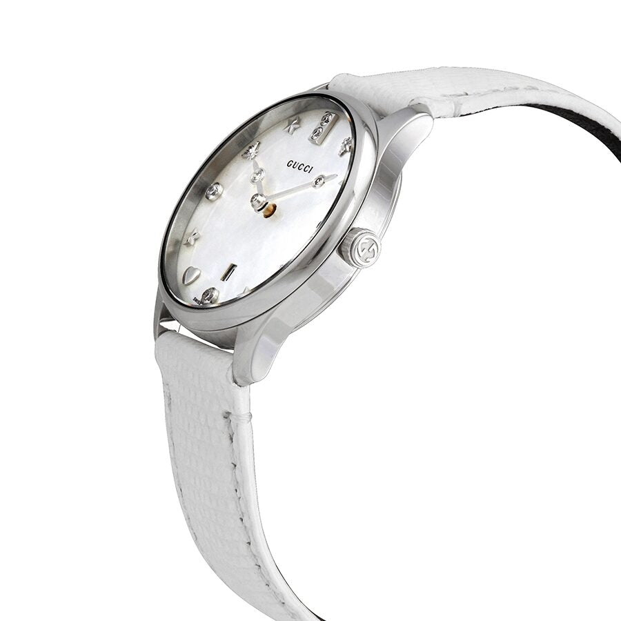 Gucci G-Timeless Mother of Pearl White Dial White Leather Strap Watch For Women - YA126597