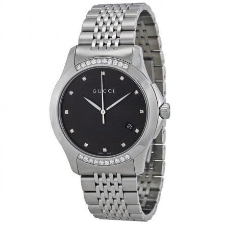 Gucci G Timeless Diamonds Black Dial Silver Steel Strap Watch For Women - YA126408