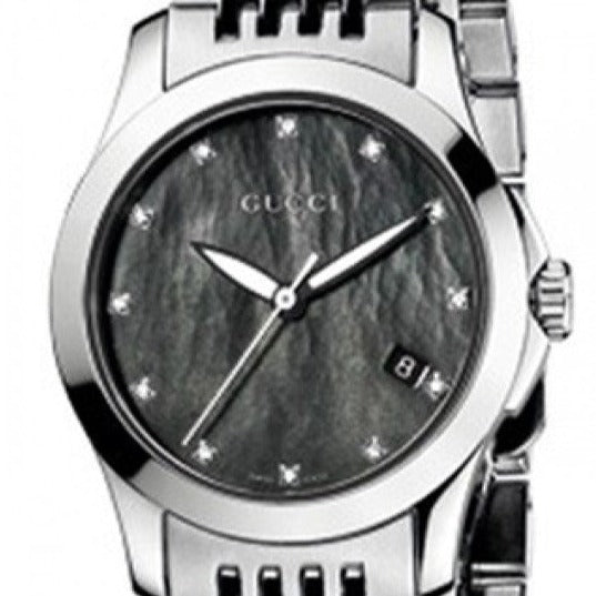 Gucci G Timeless Diamonds Mother of Pearl Black Dial Silver Steel Strap Watch For Women - YA126505