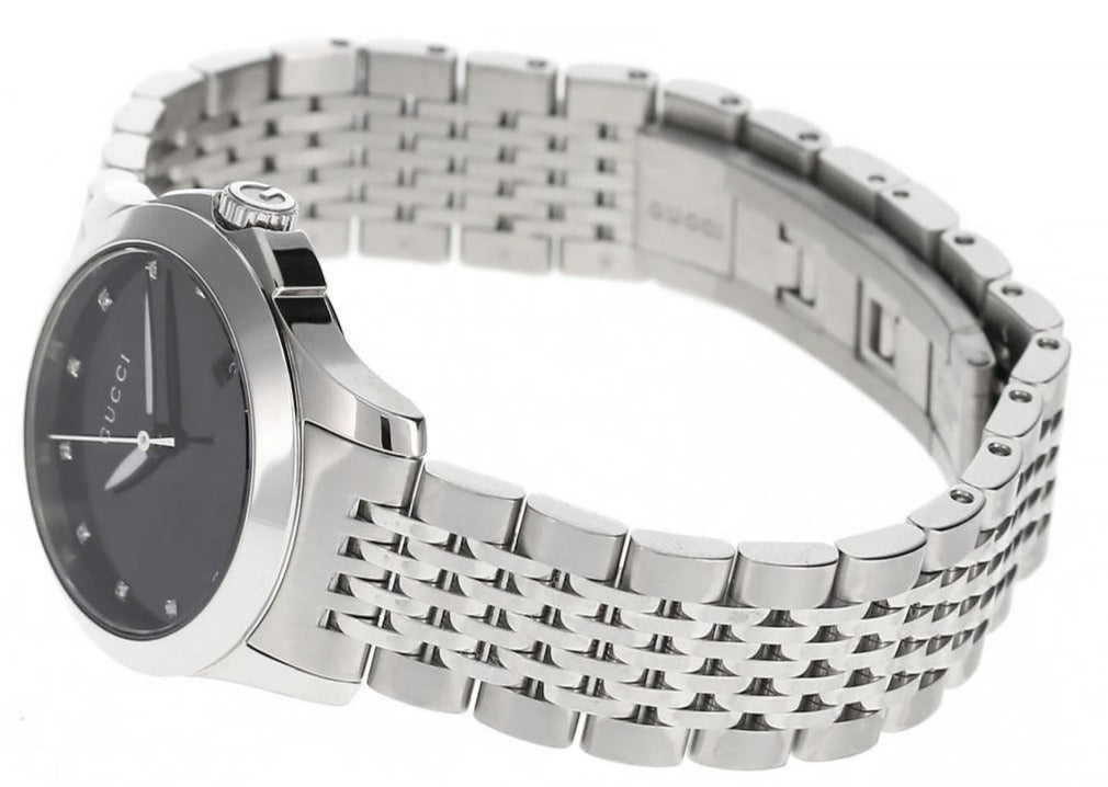 Gucci G Timeless Diamonds Mother of Pearl Black Dial Silver Steel Strap Watch For Women - YA126505
