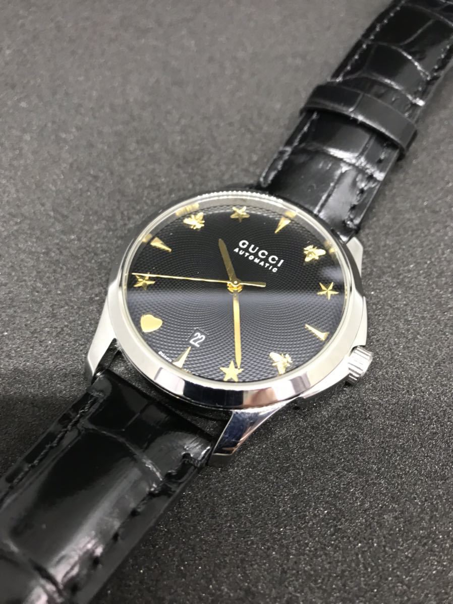 Gucci G Timeless Automatic Black Dial Black Leather Strap Watch For Women - YA126469