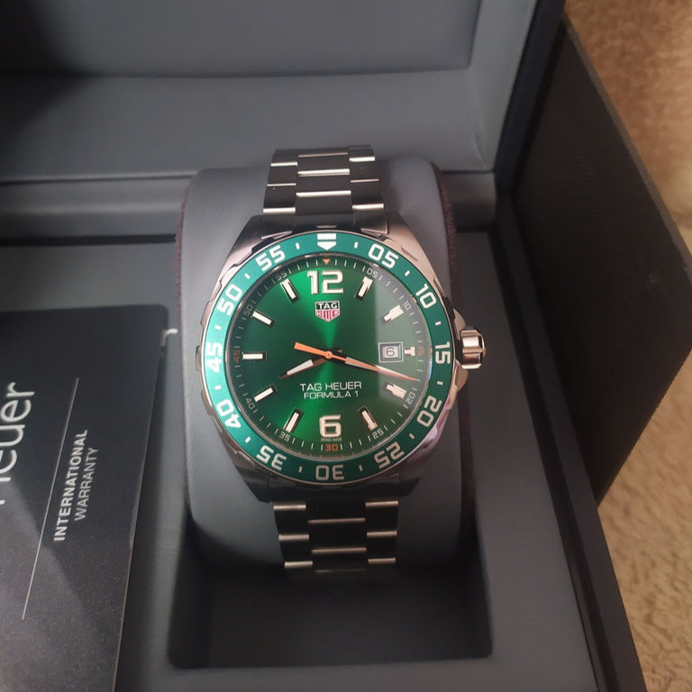Tag Heuer Formula 1 Quartz Green Dial Silver Steel Strap Watch for Men - WAZ1017.BA0842
