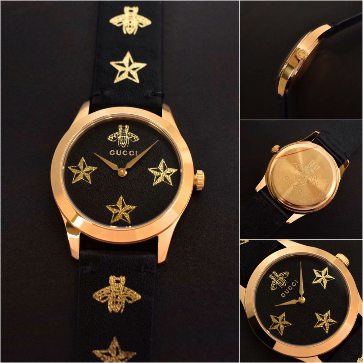 Gucci G Timeless Bee Motif Black Dial Black Leather Strap Watch For Women - YA1264055