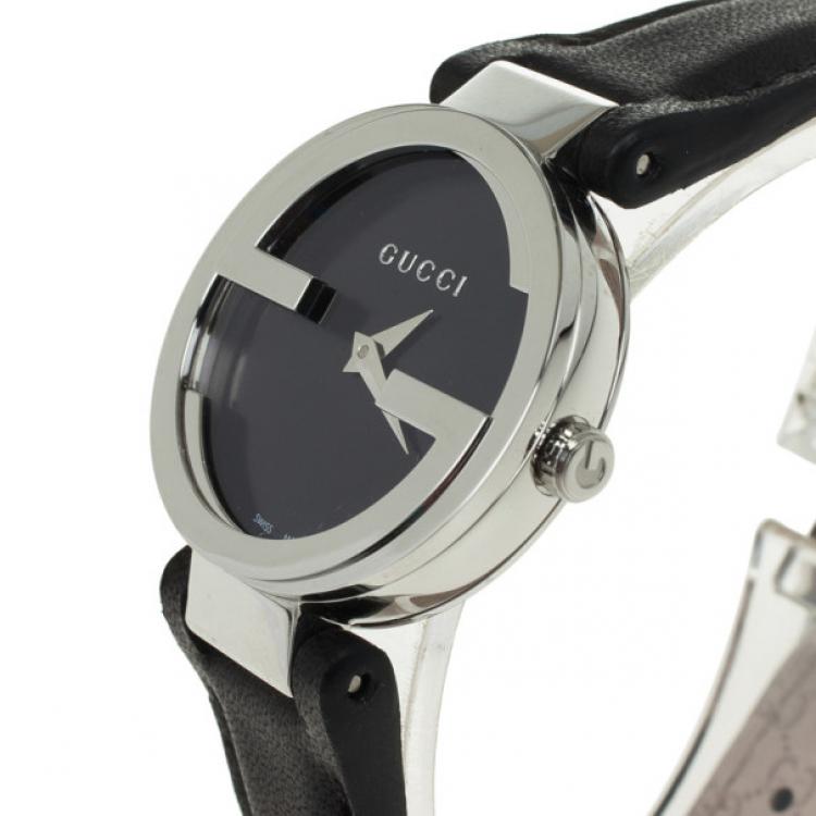 Gucci Interlocking G Iconic Black Dial Black Leather Strap Watch For Men - YA133205